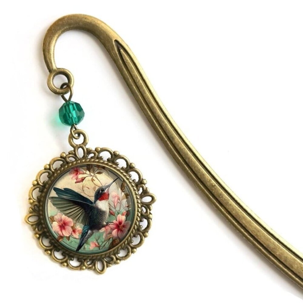 Hummingbird Bookmark - Art Nouveau‎ - Glass Cabochon & Bronze Book Hook